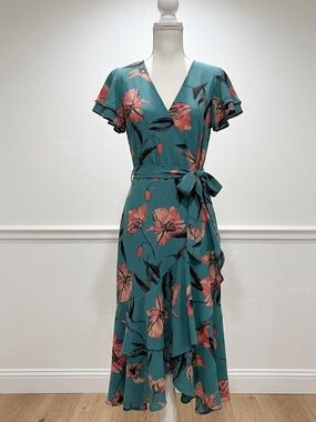a new day Teal Floral Wrap Midi Dress with Self-Tie Waist